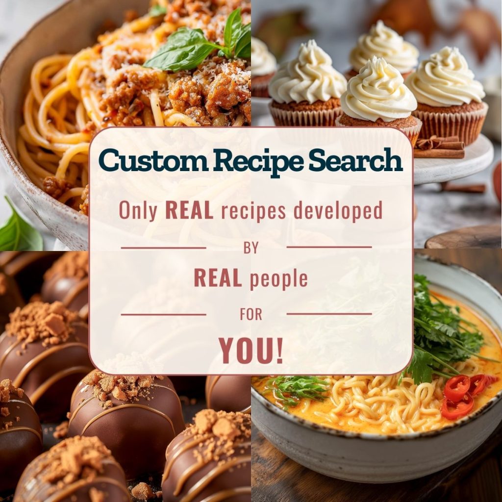 Four food images of spaghetti, ramen, cupcakes, and truffles used to promote this custom recipe search engine that only displays real recipes from trusted bloggers.
