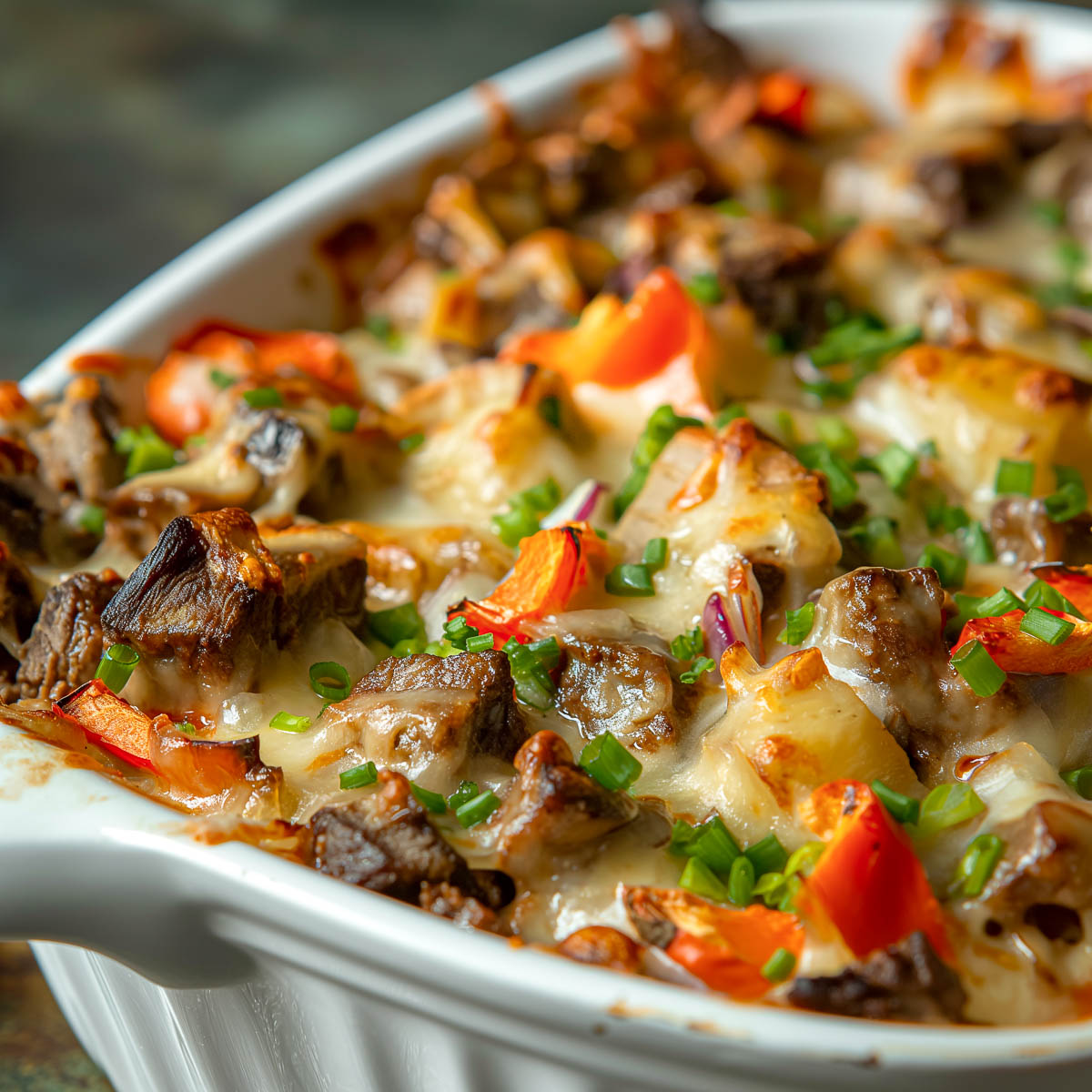 A Philly cheesesteak casserole topped with melted provolone and mozzarella cheese.