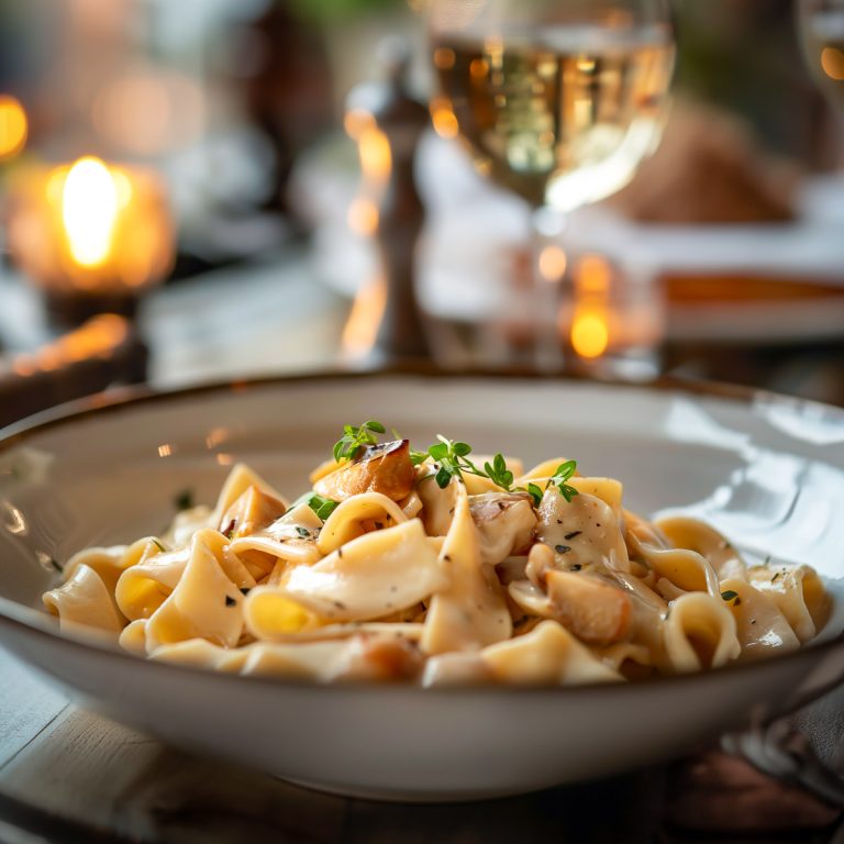 Wild mushroom pappardelle with a romantic table setting with white wine in the background.