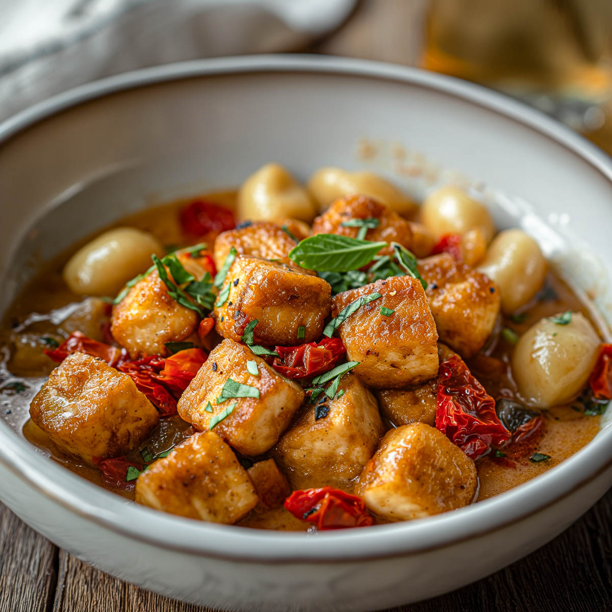 Crispy tofu in a vegan Tuscan sauce (marry me sauce) with gnocchi in a ceramic bowl.