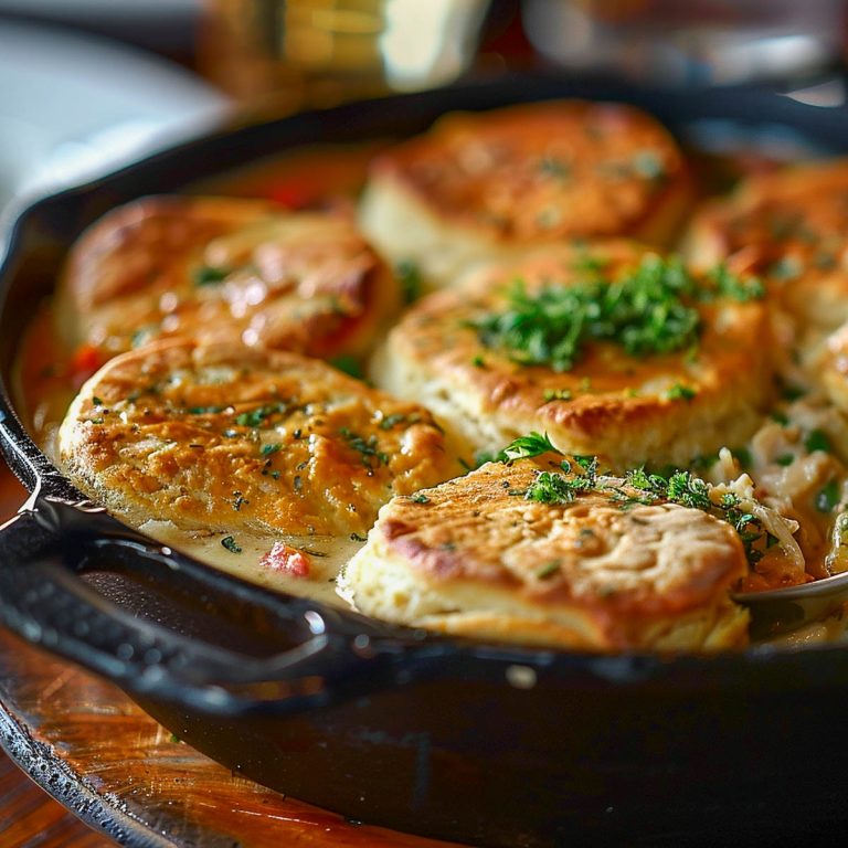 A cast iron skillet with chicken pot pie topped with homemade biscuits.