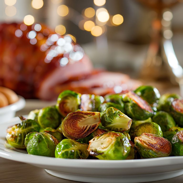 Roasted Brussels sprouts side dish with a glazed ham in the background.