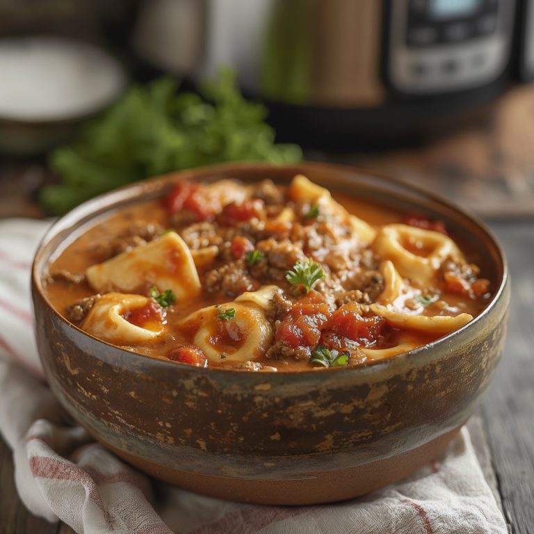 A bowl of lasagna soup with tortellini.