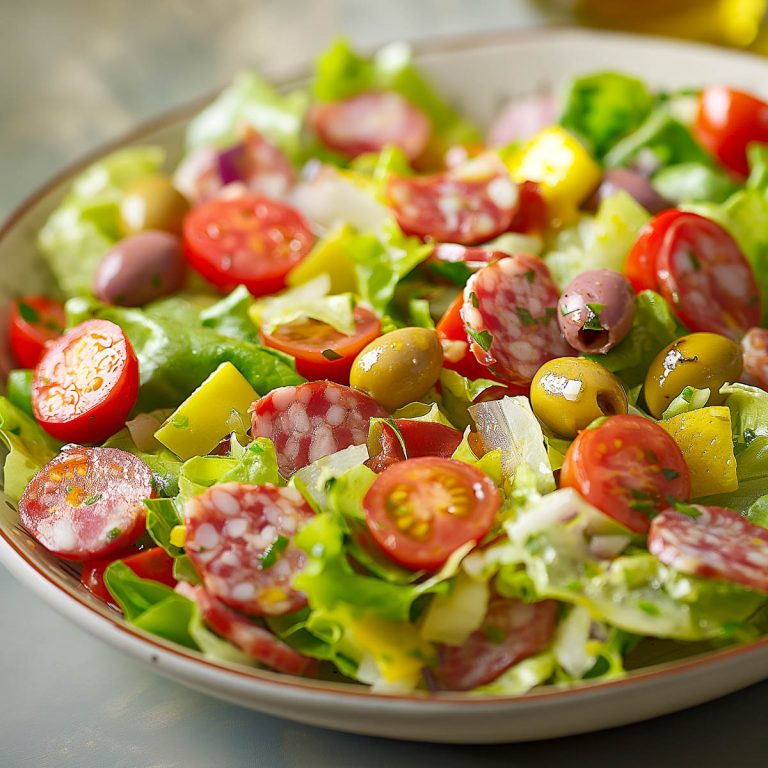 A serving bowl of classic Italian chopped salad with crisp lettuce, halved cherry tomatoes, green onlives and slices of salami.