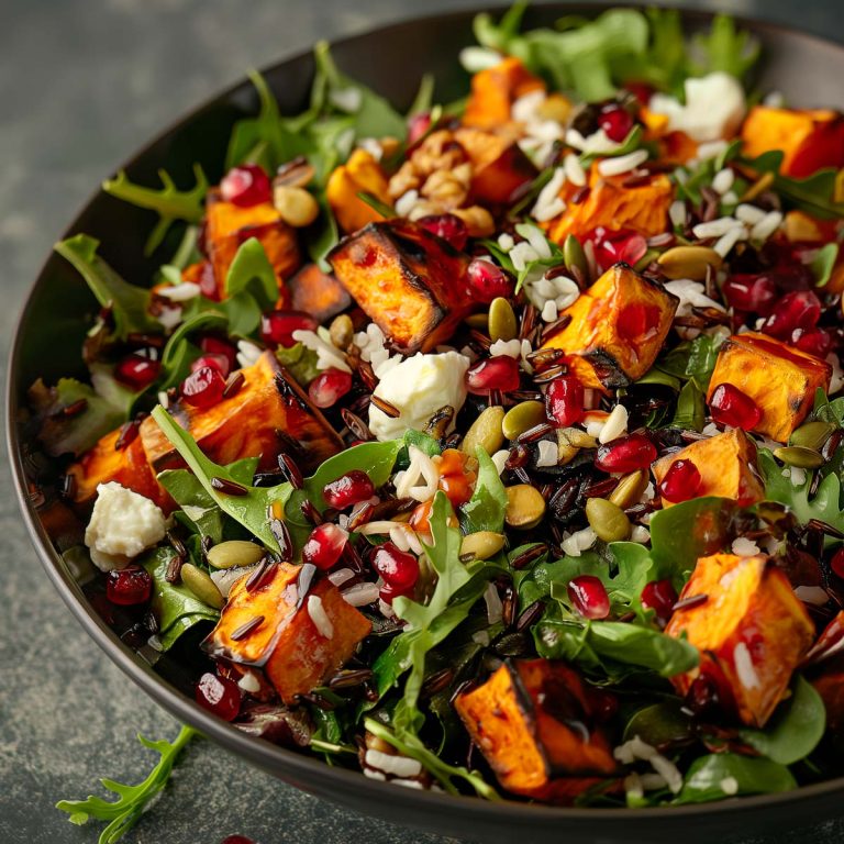 Wild rice salad with roasted sweet potato, feta cheese, pomegranate arils and arugula (rocket).