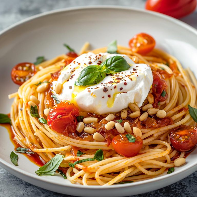 A pasta bowl with a serving of spaghetti with burst cherry tomato sauce topped with burrata, fresh basil and pine nuts.