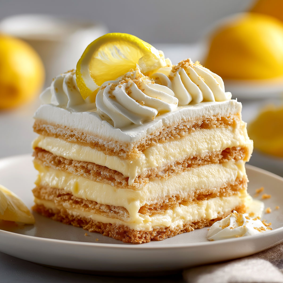 A portion of lemon icebox cake on a ceramic plate.