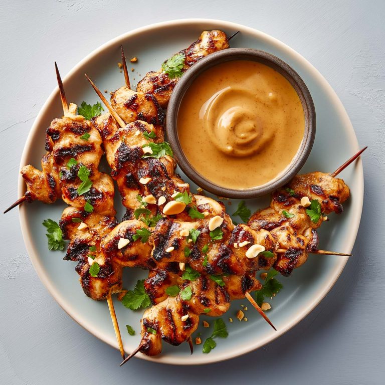 Asian chicken skewers served with a bowl of peanut sauce.