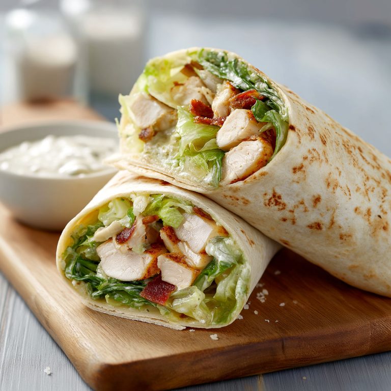 A chicken Caesar salad wrap sliced in half and served on a wooden plank.