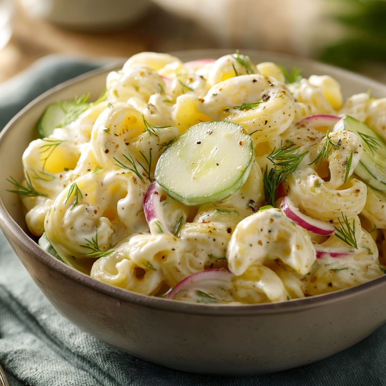 Cucumber macaroni salad in a small ceramic bowl.
