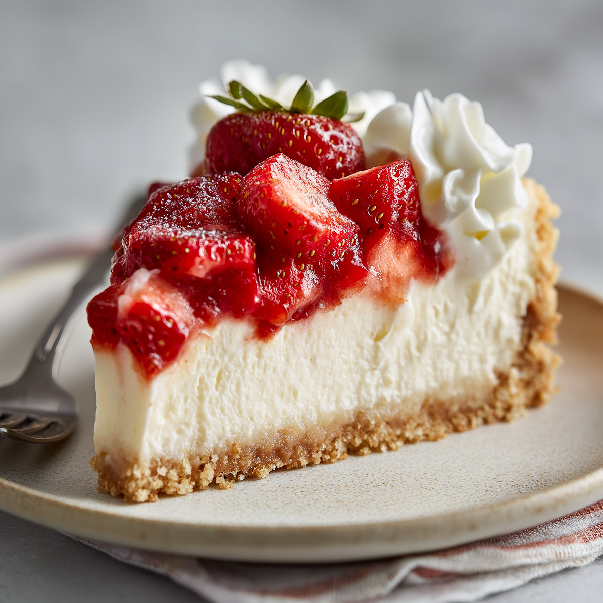 A slice of no-bake strawberry cheesecake topped with fresh strawberries.