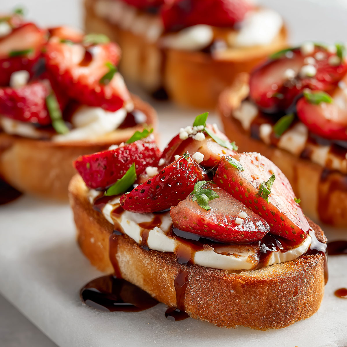 Crostinis topped with ricotta, sliced fresh strawberries and balsamic glaze.