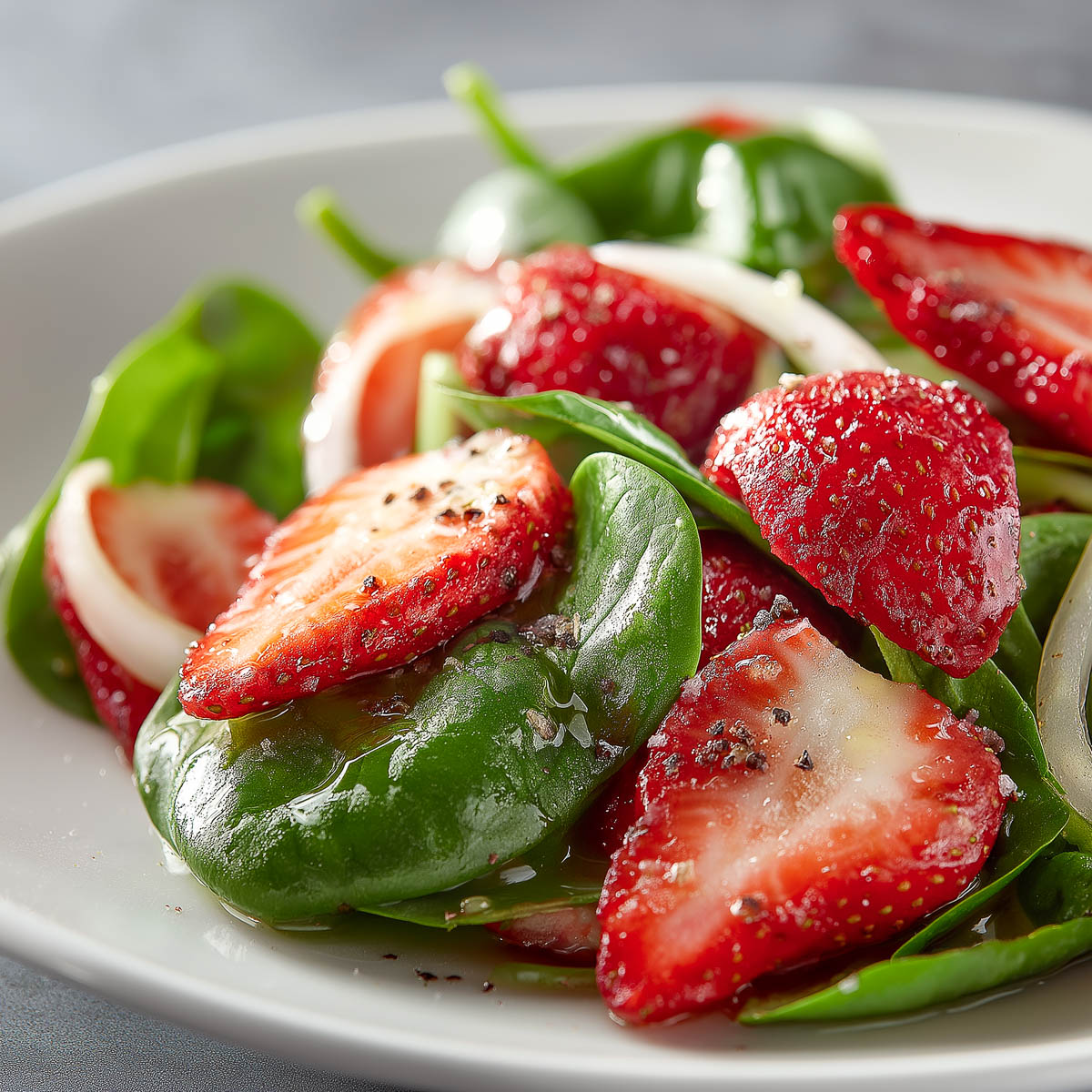 Strawberry spinach salad with dressing and black pepper.