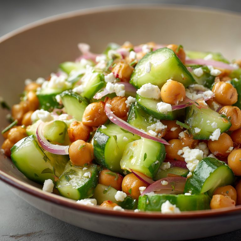 Crispy roasted chickpea salad with cucumber and feta.