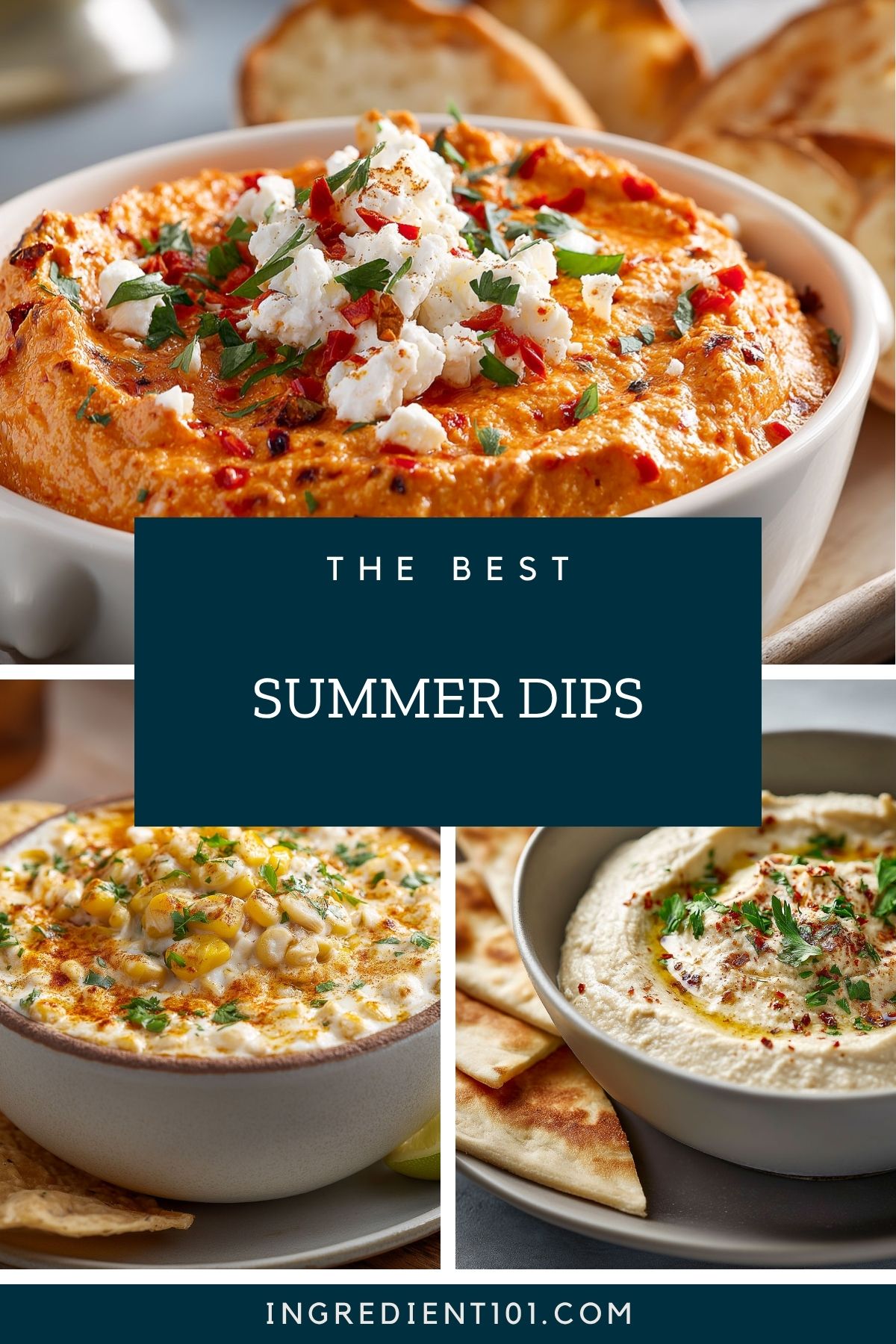 Summer dips including red pepper dip, Mexican streetcorn dip and homemade hummus for your next summer party.
